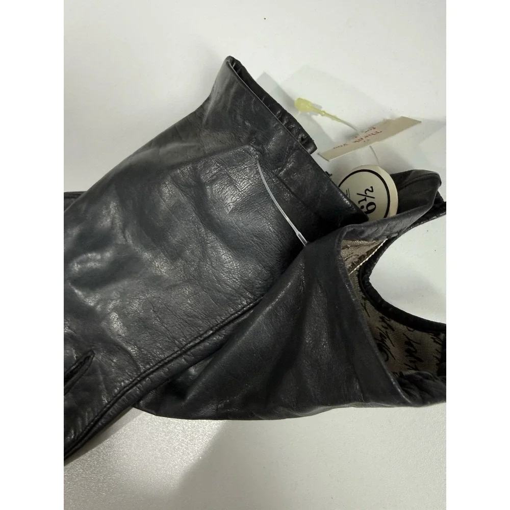 Vtg Lord & Taylor Gloves Womens Size 6.5 Blue/Black Leather Cashmere Lined M‎